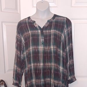 Lane Bryant Teal and Burgundy Plaid Henley Long Sleeve Top